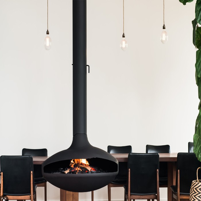 round suspended fireplace